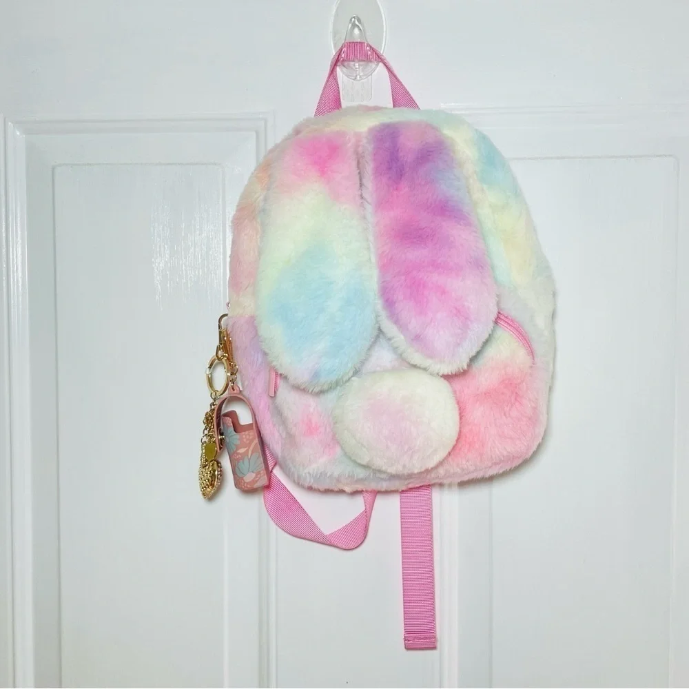 Claire’s Rainbow Bunny Plush Mini Backpack – Pastel Fuzzy Kids Bag NWT